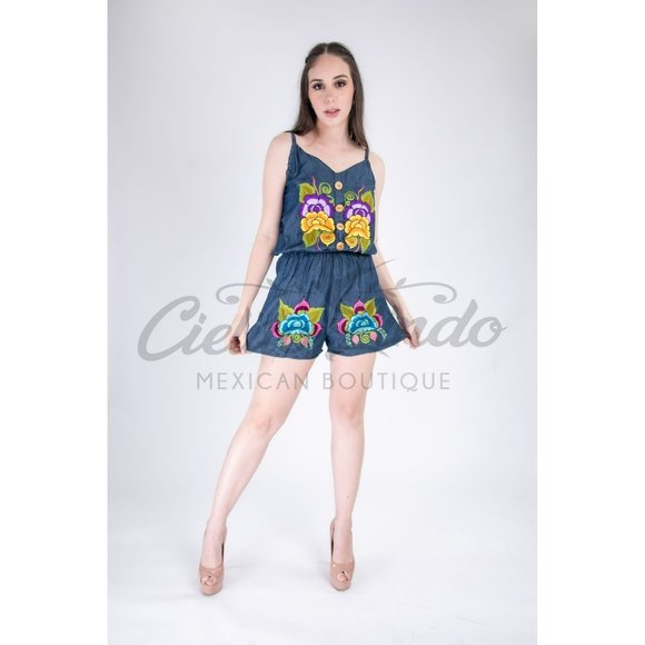 Mexican Denim Romper with Floral Multicolor Embroidery - Picture 3 of 6